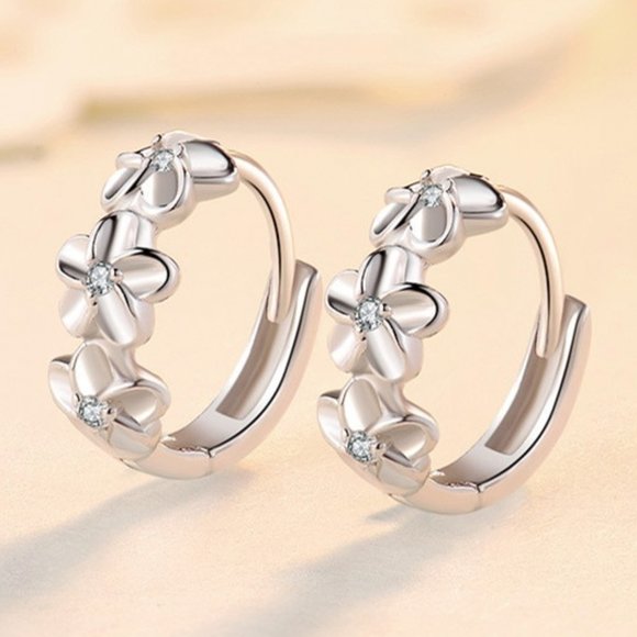 925 Sterling Silver Flower Huggie Hoop Earrings Small Silver Earrings - Picture 3 of 4